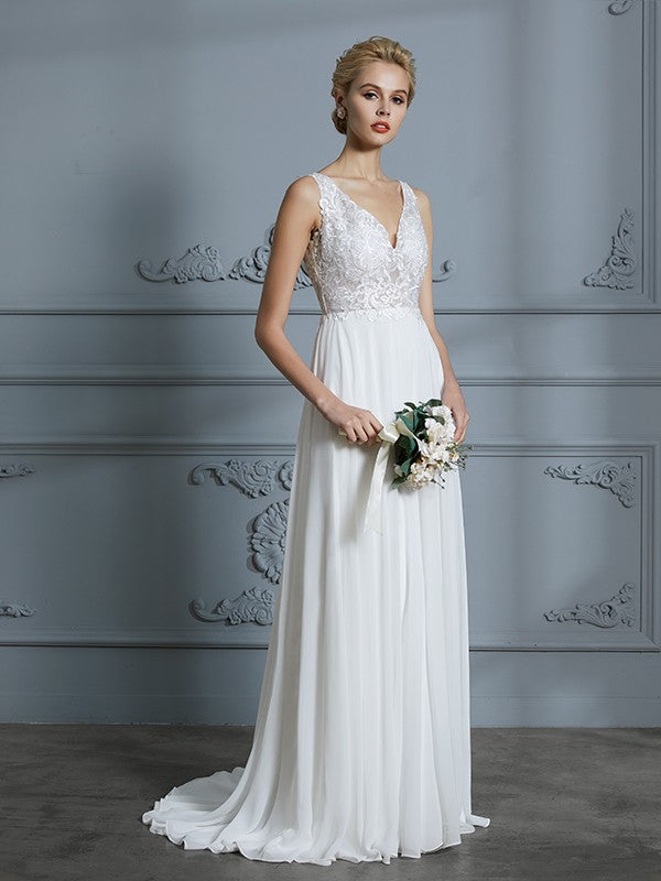 A-Linie/Princess-Linie Ärmellos V-Ausschnitt Sweep/Pinsel zug Chiffon Brautkleider
