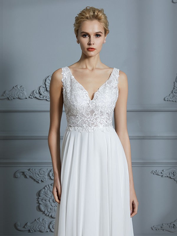 A-Linie/Princess-Linie Ärmellos V-Ausschnitt Sweep/Pinsel zug Chiffon Brautkleider