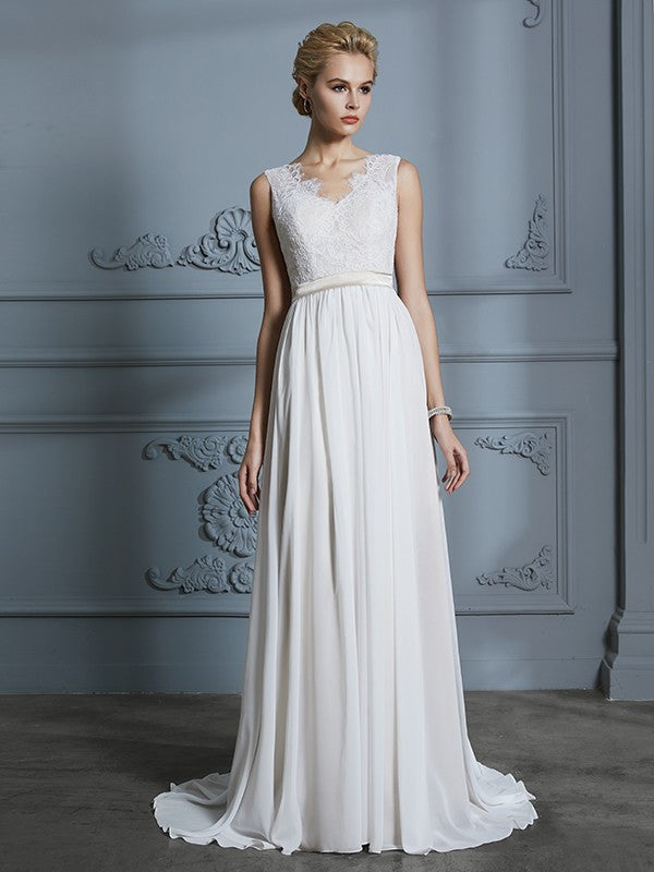 A-Linie/Princess-Linie Ärmellos V-Ausschnitt Chiffon Hof-schleppe Brautkleider Brautkleider