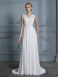 A-Linie/Princess-Linie Ärmellos V-Ausschnitt Chiffon Hof-schleppe Brautkleider Brautkleider