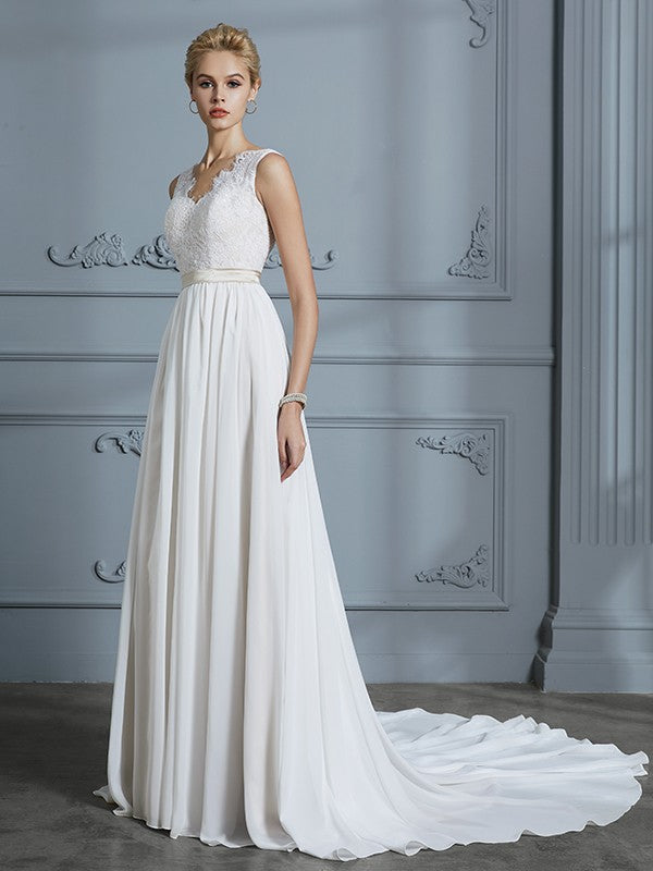 A-Linie/Princess-Linie Ärmellos V-Ausschnitt Chiffon Hof-schleppe Brautkleider Brautkleider