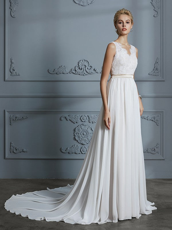 A-Linie/Princess-Linie Ärmellos V-Ausschnitt Chiffon Hof-schleppe Brautkleider Brautkleider