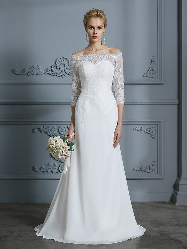 Trumpet/Mermaid 1/2 Sleeves Off-the-Shoulder Sweep/Brush Train Chiffon Wedding Dresses Bridal Gowns