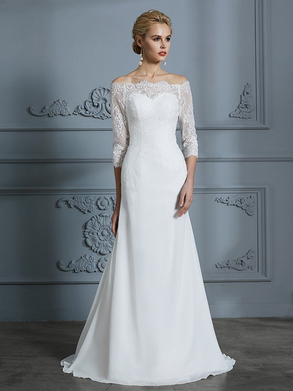 Trumpet/Mermaid 1/2 Sleeves Off-the-Shoulder Sweep/Brush Train Chiffon Wedding Dresses Bridal Gowns