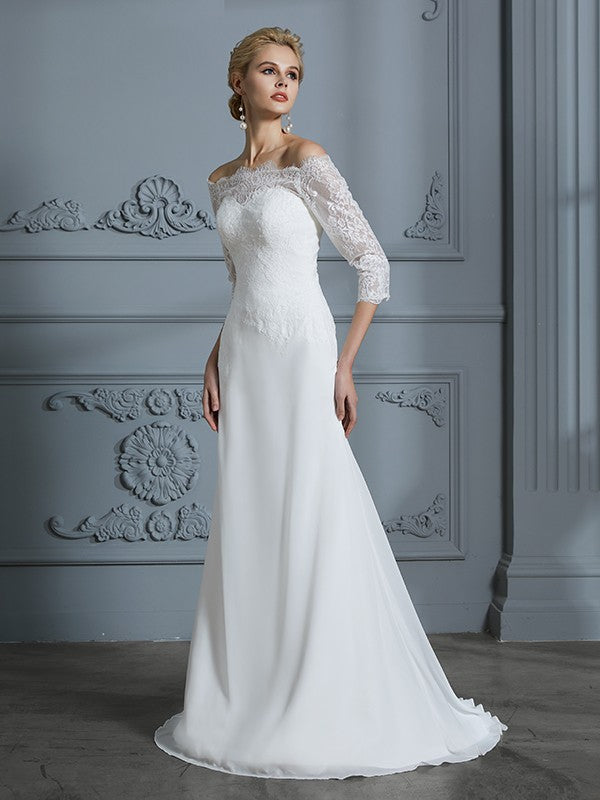 Trumpet/Mermaid 1/2 Sleeves Off-the-Shoulder Sweep/Brush Train Chiffon Wedding Dresses Bridal Gowns
