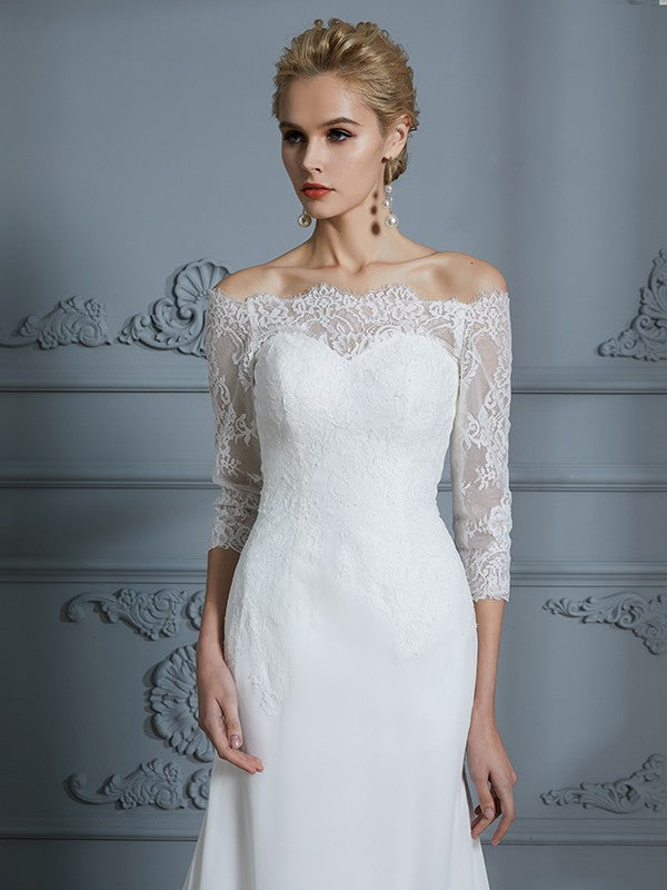 Trumpet/Mermaid 1/2 Sleeves Off-the-Shoulder Sweep/Brush Train Chiffon Wedding Dresses Bridal Gowns