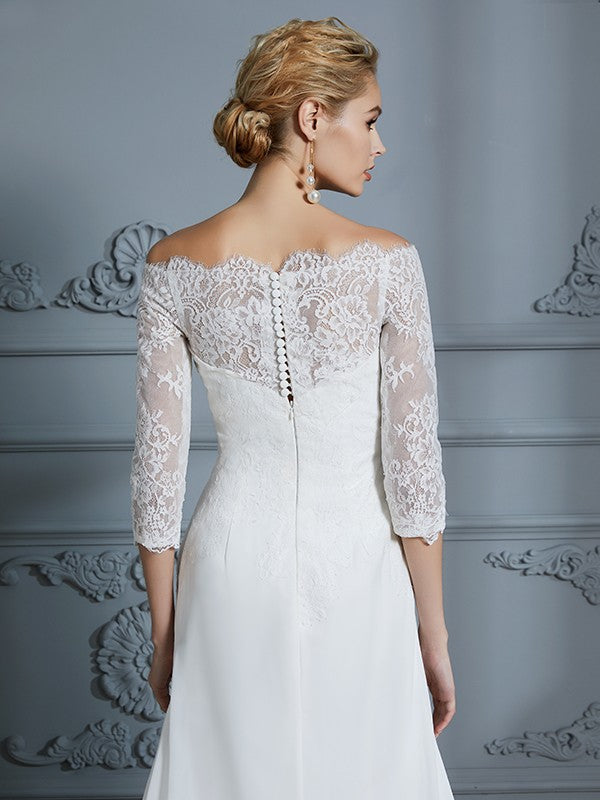Trumpet/Mermaid 1/2 Sleeves Off-the-Shoulder Sweep/Brush Train Chiffon Wedding Dresses Bridal Gowns