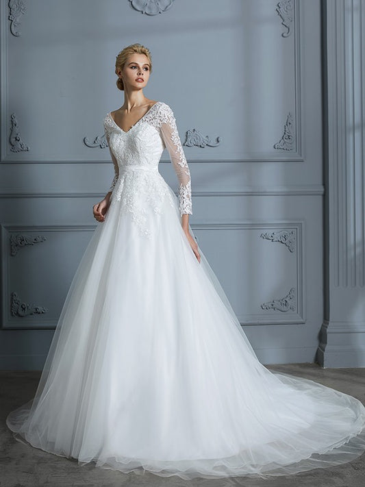 Ball Gown V-neck Long Sleeves Court Train Lace Tulle Wedding Dresses Bridal Gowns