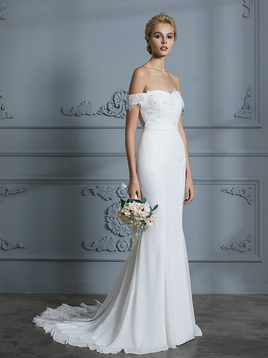 Trompete/Meerjungfrau-Linie Schulterfrei Ärmellos Spitze Chiffon Sweep/Pinsel zug Brautkleider