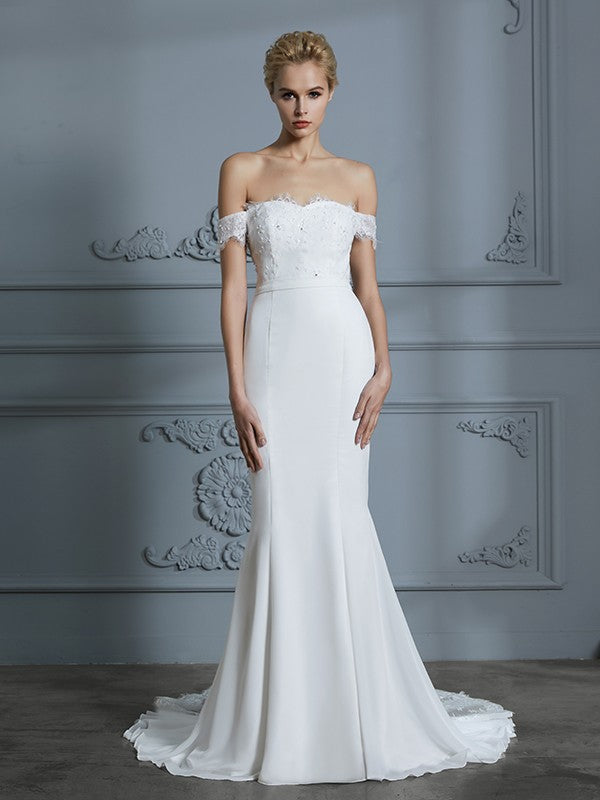 Trumpet/Mermaid Off-the-Shoulder Sleeveless Lace Chiffon Sweep/Brush Train Wedding Dresses Bridal Gowns