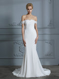 Trumpet/Mermaid Off-the-Shoulder Sleeveless Lace Chiffon Sweep/Brush Train Wedding Dresses Bridal Gowns