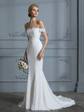 Trumpet/Mermaid Off-the-Shoulder Sleeveless Lace Chiffon Sweep/Brush Train Wedding Dresses Bridal Gowns