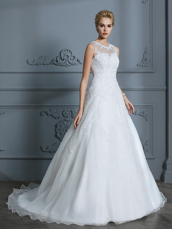 Ballkleid U-Ausschnitt Ärmellos Organza Hofschleppe Applikation Brautkleider Brautkleider