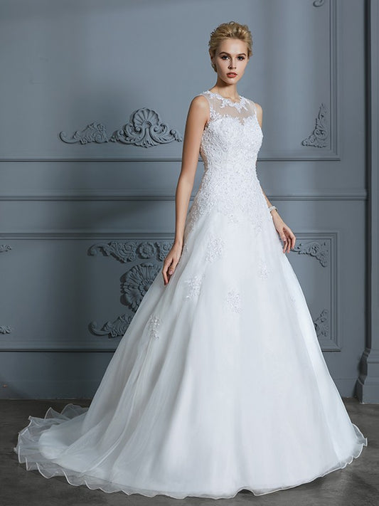 Ballkleid U-Ausschnitt Ärmellos Organza Hofschleppe Applikation Brautkleider Brautkleider