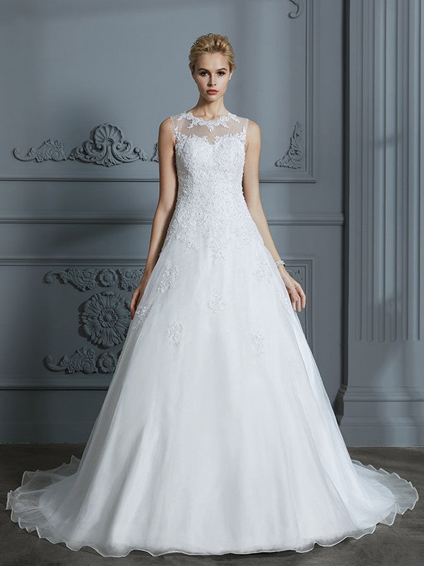 Ballkleid U-Ausschnitt Ärmellos Organza Hofschleppe Applikation Brautkleider Brautkleider