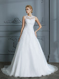 Ballkleid U-Ausschnitt Ärmellos Organza Hofschleppe Applikation Brautkleider Brautkleider