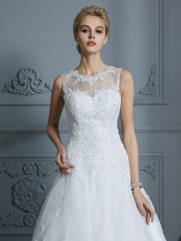 Ballkleid U-Ausschnitt Ärmellos Organza Hofschleppe Applikation Brautkleider Brautkleider