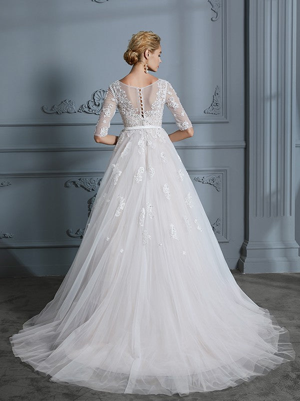 Ballkleid V-Ausschnitt Hofschleppe 1/2 Ärmel Spitze Tüll Brautkleider Brautkleider