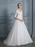 Ballkleid V-Ausschnitt Hofschleppe 1/2 Ärmel Spitze Tüll Brautkleider Brautkleider