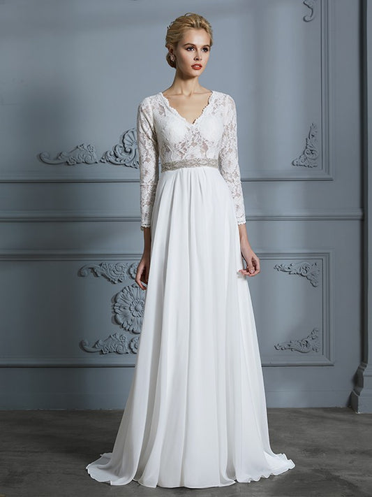 A-Linie/Princess-Linie 3/4-Ärmel V-Ausschnitt Spitze Sweep/Pinsel Zug Chiffon Brautkleider