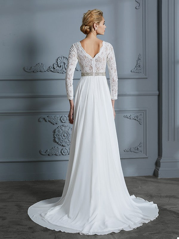 A-Linie/Princess-Linie 3/4-Ärmel V-Ausschnitt Spitze Sweep/Pinsel Zug Chiffon Brautkleider