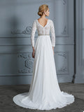 A-Linie/Princess-Linie 3/4-Ärmel V-Ausschnitt Spitze Sweep/Pinsel Zug Chiffon Brautkleider