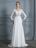 A-Linie/Princess-Linie 3/4-Ärmel V-Ausschnitt Spitze Sweep/Pinsel Zug Chiffon Brautkleider