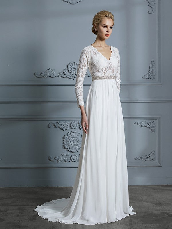 A-Linie/Princess-Linie 3/4-Ärmel V-Ausschnitt Spitze Sweep/Pinsel Zug Chiffon Brautkleider