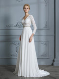 A-Linie/Princess-Linie 3/4-Ärmel V-Ausschnitt Spitze Sweep/Pinsel Zug Chiffon Brautkleider