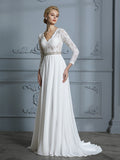 A-Linie/Princess-Linie 3/4-Ärmel V-Ausschnitt Spitze Sweep/Pinsel Zug Chiffon Brautkleider