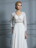A-Linie/Princess-Linie 3/4-Ärmel V-Ausschnitt Spitze Sweep/Pinsel Zug Chiffon Brautkleider
