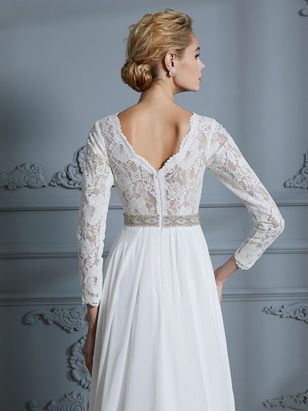 A-Linie/Princess-Linie 3/4-Ärmel V-Ausschnitt Spitze Sweep/Pinsel Zug Chiffon Brautkleider