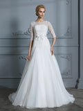 A-Linie/Princess-Linie 1/2 Ärmel U-Ausschnitt Spitze Hofschleppe Tüll Brautkleider