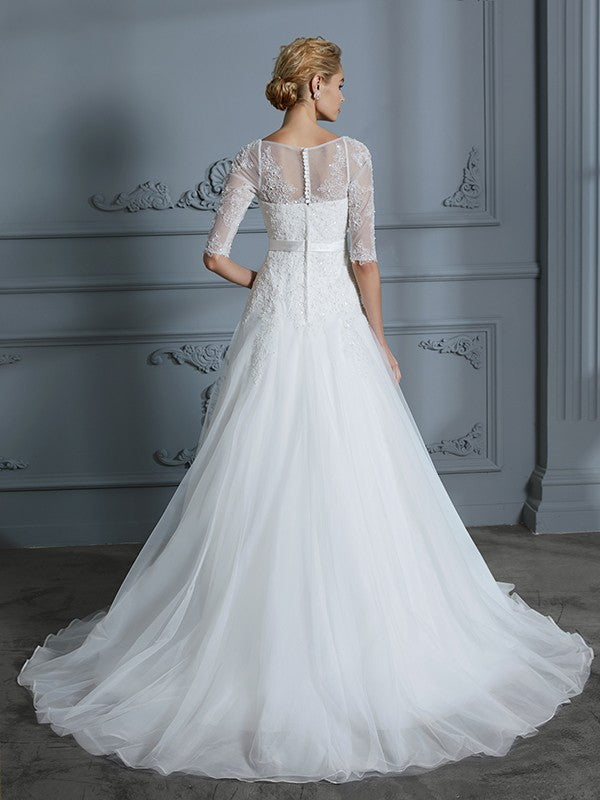 A-Linie/Princess-Linie 1/2 Ärmel U-Ausschnitt Spitze Hofschleppe Tüll Brautkleider
