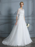 A-Linie/Princess-Linie 1/2 Ärmel U-Ausschnitt Spitze Hofschleppe Tüll Brautkleider