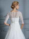 A-Linie/Princess-Linie 1/2 Ärmel U-Ausschnitt Spitze Hofschleppe Tüll Brautkleider