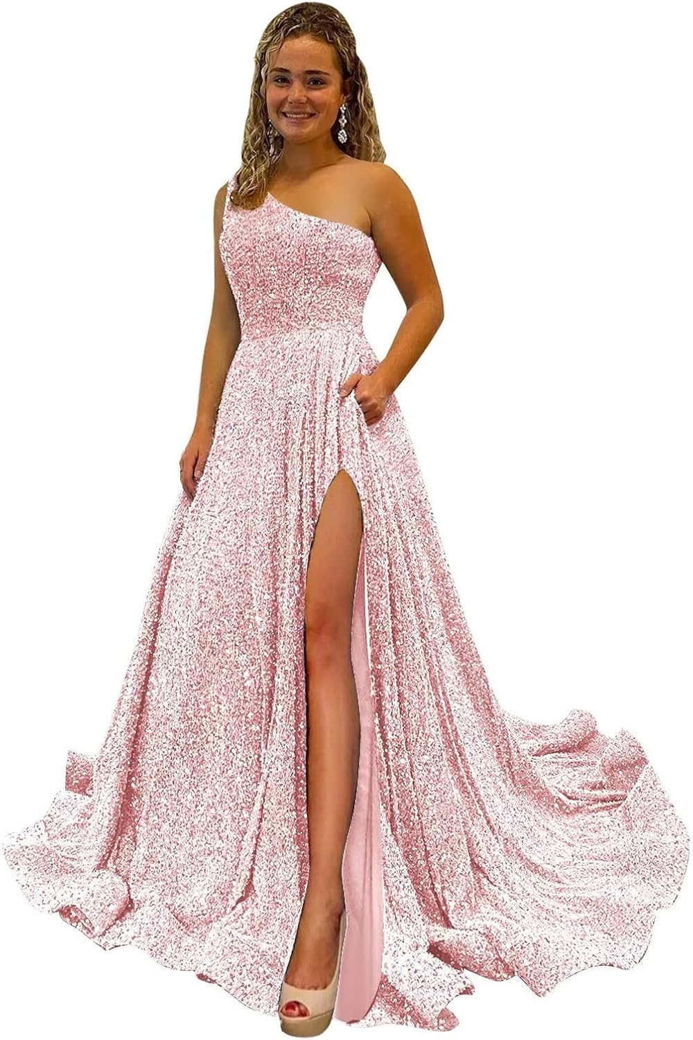 One Shoulder Sequin Prom Dresses for Women Long Sparkly A-Line Slit Formal Evening Party Ball Gowns with Pockets