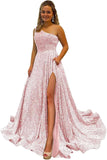 One Shoulder Sequin Prom Dresses for Women Long Sparkly A-Line Slit Formal Evening Party Ball Gowns with Pockets