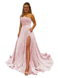 One Shoulder Sequin Prom Dresses for Women Long Sparkly A-Line Slit Formal Evening Party Ball Gowns with Pockets