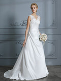 A-Line/Princess V-neck Sweep/Brush Train Sleeveless Applique Satin Wedding Dresses Bridal Gowns