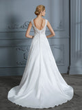 A-Line/Princess V-neck Sweep/Brush Train Sleeveless Applique Satin Wedding Dresses Bridal Gowns