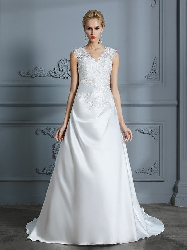 A-Line/Princess V-neck Sweep/Brush Train Sleeveless Applique Satin Wedding Dresses Bridal Gowns