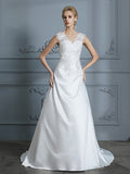 A-Line/Princess V-neck Sweep/Brush Train Sleeveless Applique Satin Wedding Dresses Bridal Gowns