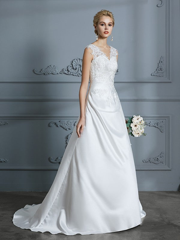 A-Line/Princess V-neck Sweep/Brush Train Sleeveless Applique Satin Wedding Dresses Bridal Gowns