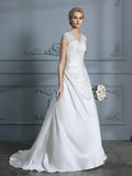 A-Line/Princess V-neck Sweep/Brush Train Sleeveless Applique Satin Wedding Dresses Bridal Gowns