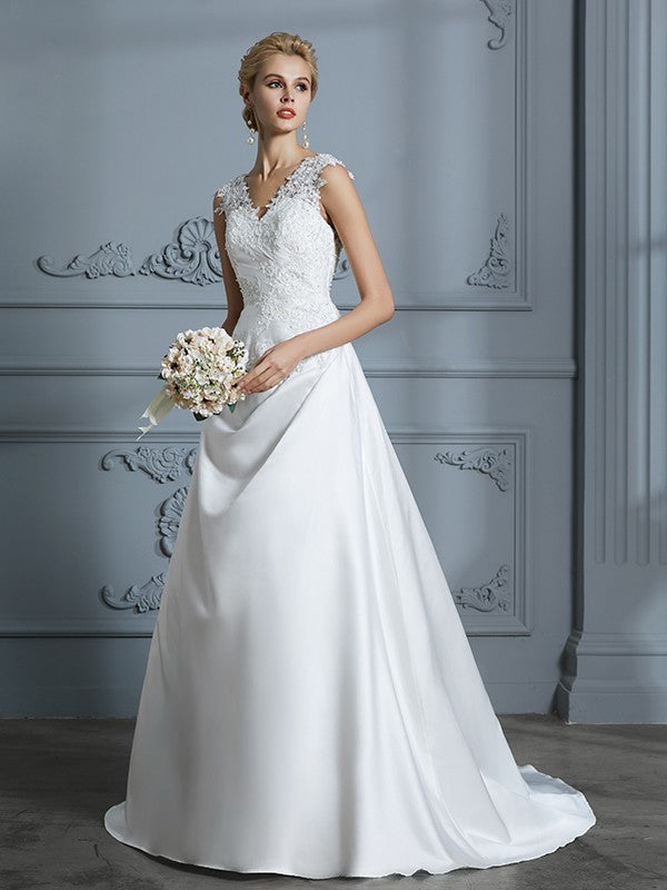 A-Line/Princess V-neck Sweep/Brush Train Sleeveless Applique Satin Wedding Dresses Bridal Gowns