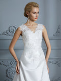 A-Line/Princess V-neck Sweep/Brush Train Sleeveless Applique Satin Wedding Dresses Bridal Gowns