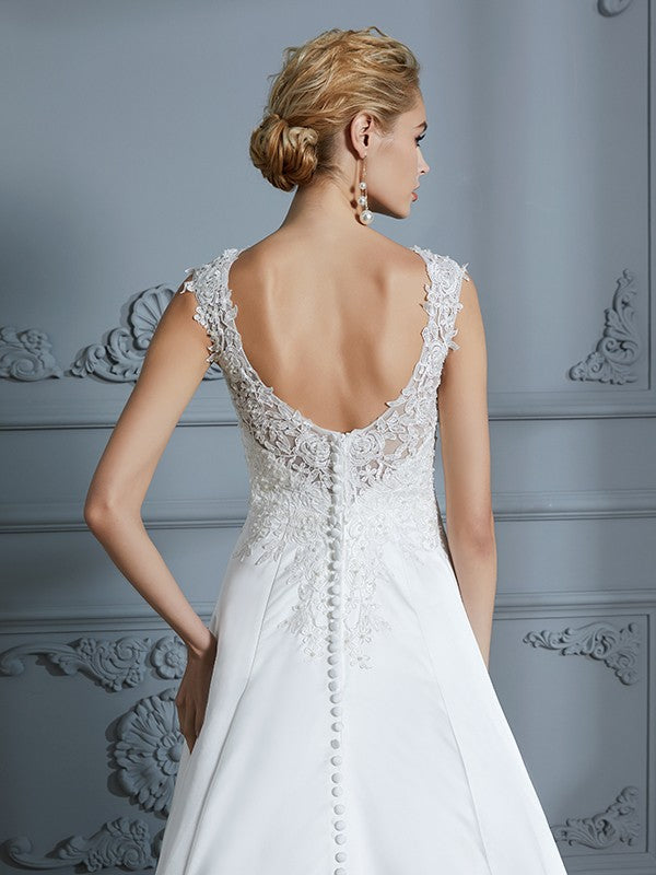 A-Line/Princess V-neck Sweep/Brush Train Sleeveless Applique Satin Wedding Dresses Bridal Gowns