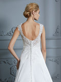 A-Line/Princess V-neck Sweep/Brush Train Sleeveless Applique Satin Wedding Dresses Bridal Gowns
