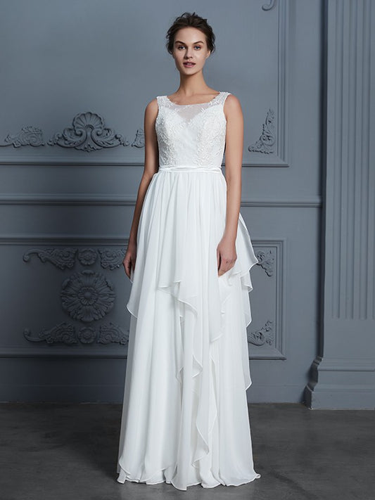 A-Line/Princess Scoop Sleeveless Ruffles Floor-Length Chiffon Wedding Dresses Bridal Gowns